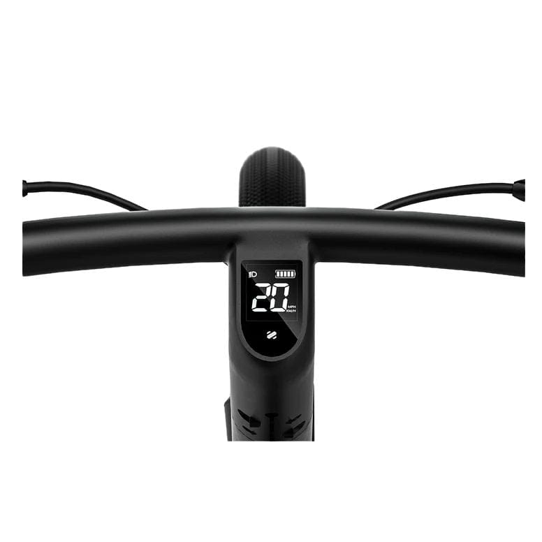 Digital speed and battery display on electric bike handlebar.