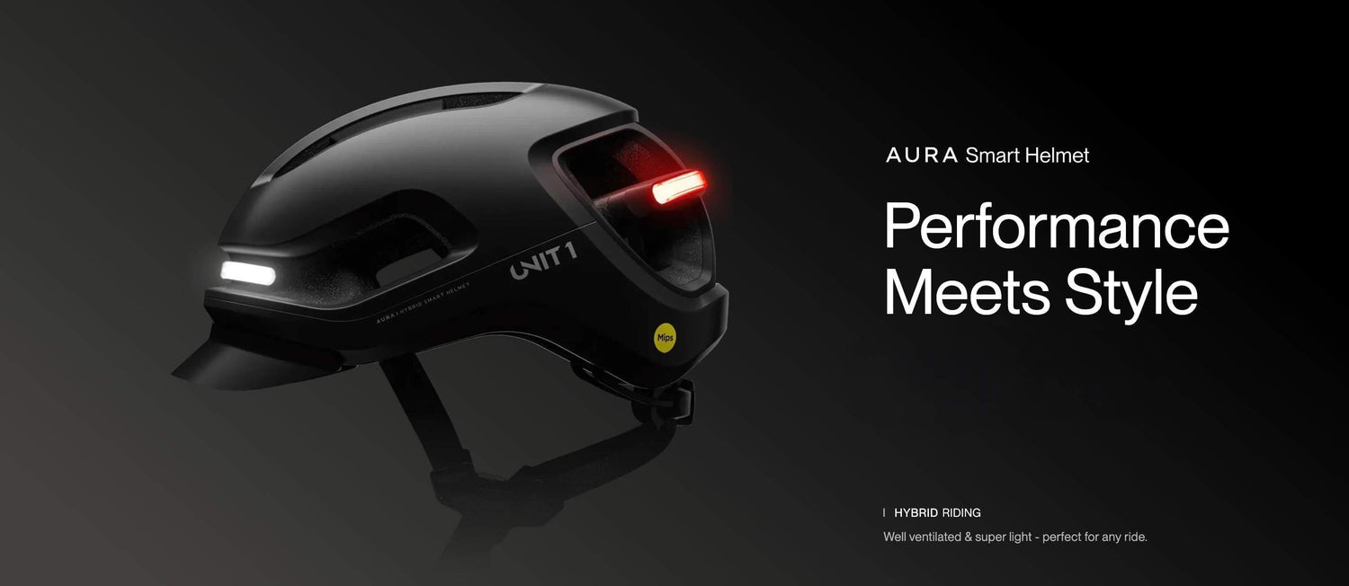 UNIT 1 AURA smart helmet with front and rear lights.