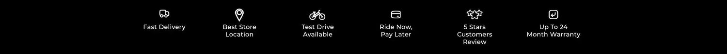 Icons representing delivery, store location, test ride, payment, reviews, warranty