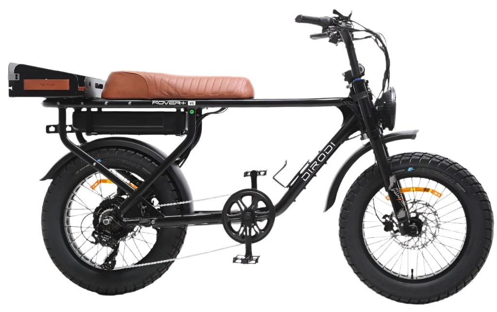 Dirodi Rover Plus electric bike with long seat and fat tires.