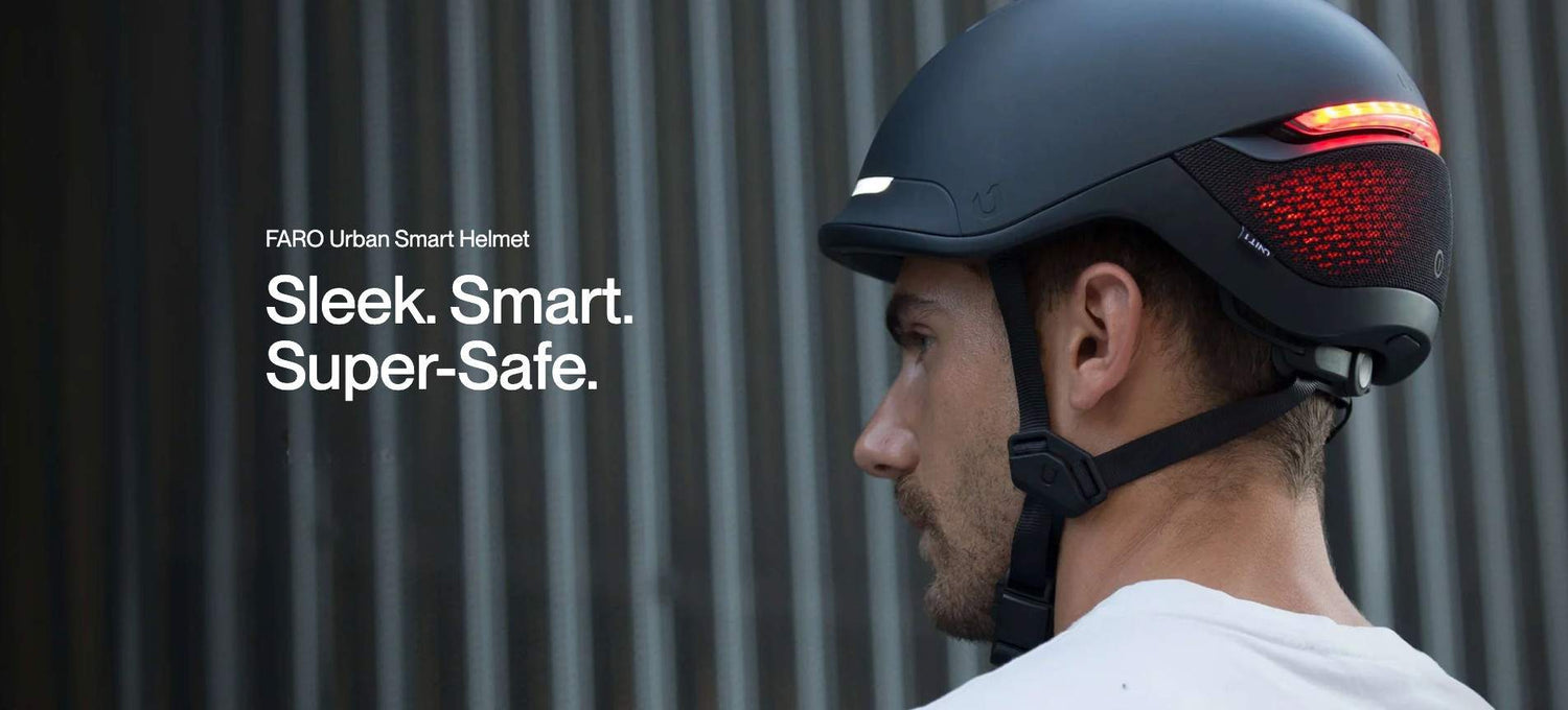 Man wearing FARO smart helmet with rear safety light.