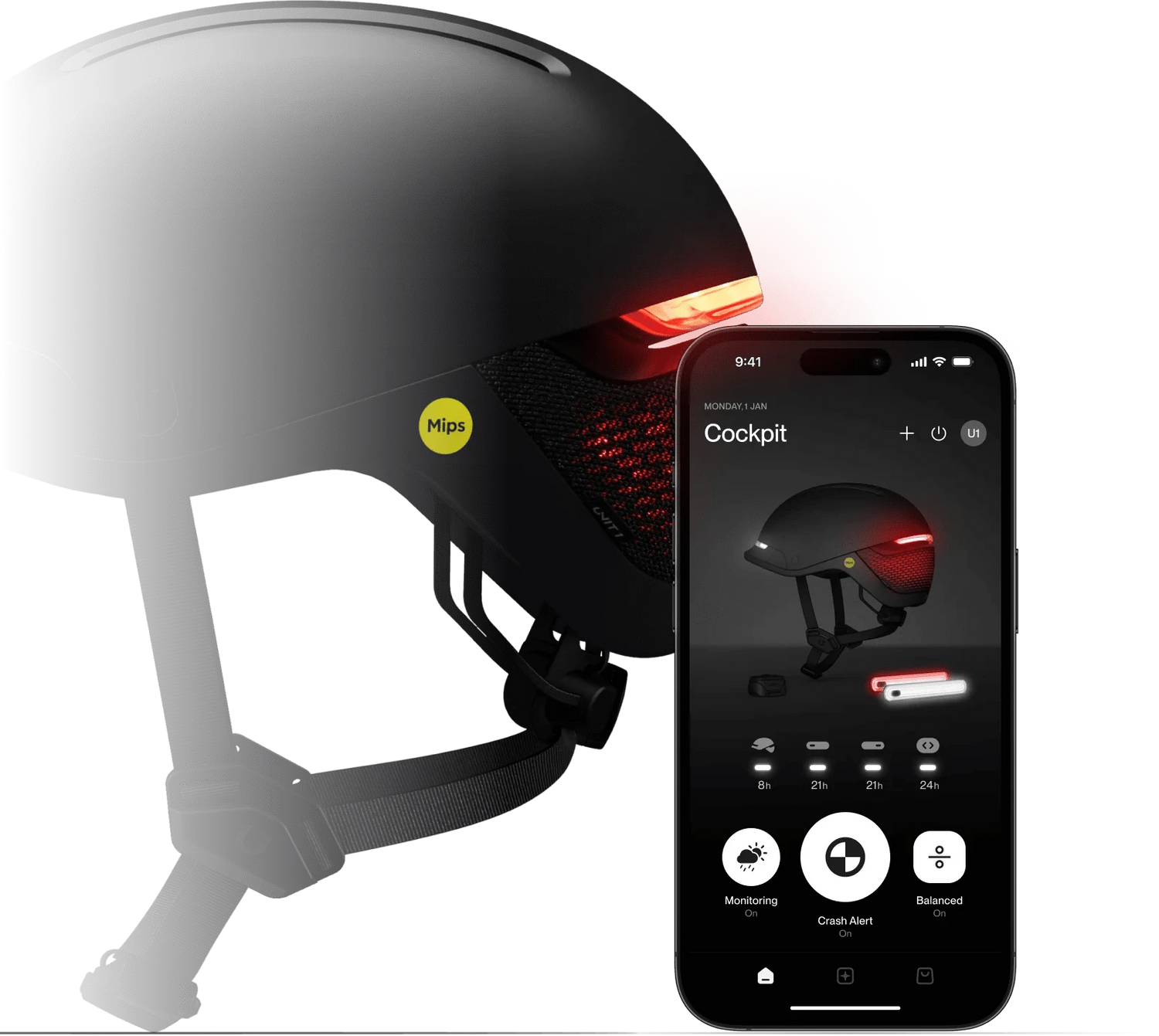 Smart bike helmet with rear light and connected mobile app