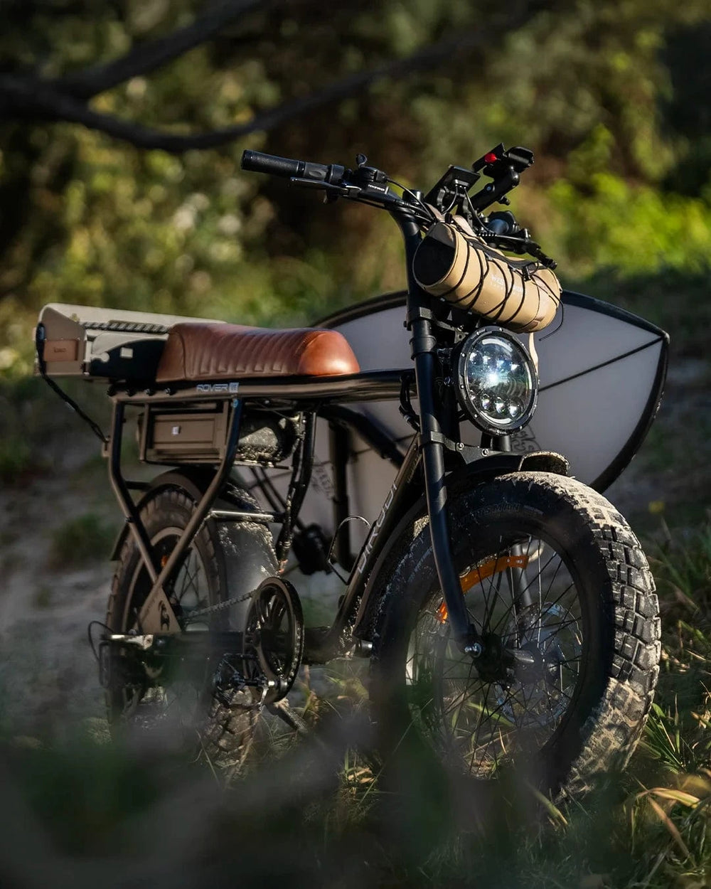 DiroDi Rover with surfboard ready for an outdoor adventure