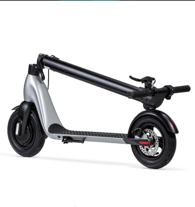 Folded electric scooter with black and silver frame on white background