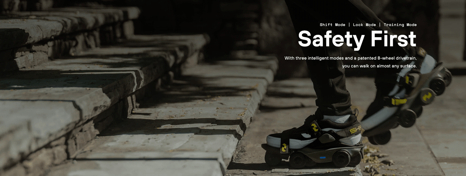 Person wearing motorized shoes climbing stone steps with 'Safety First' text overlay
