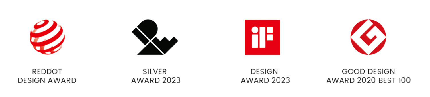 Four prestigious international design award logos on black background