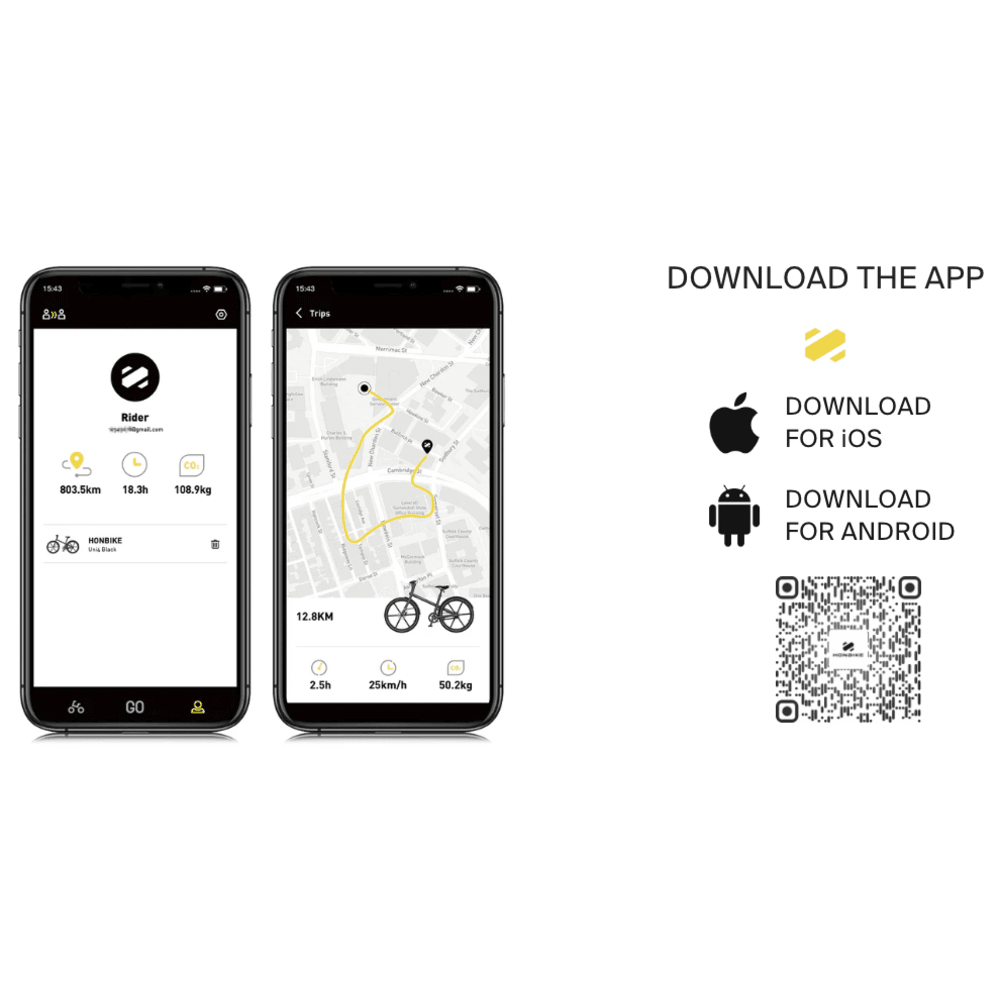 Bike tracking app interface on smartphones with download options and QR code