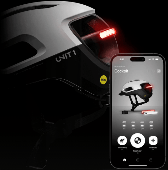 Smart bike helmet with rear light and connected mobile app.