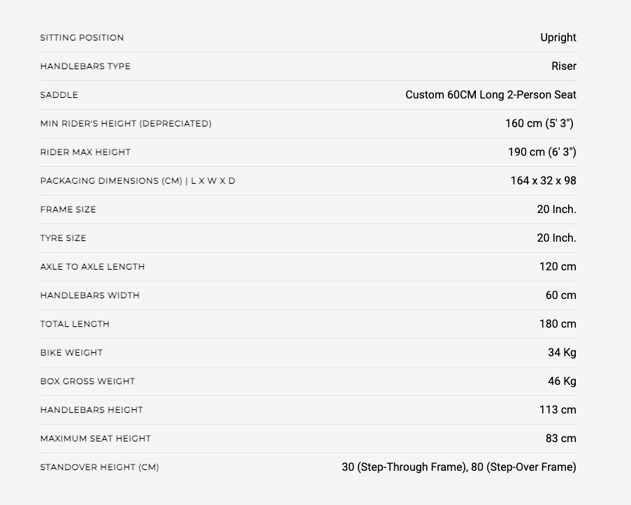 Electric bike specifications chart showing dimensions, weight, and fit range