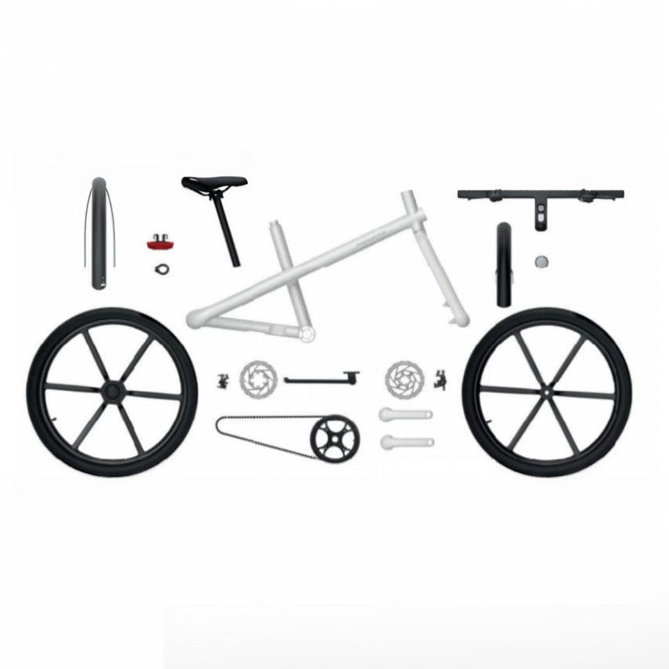 Disassembled bicycle components laid out on white background