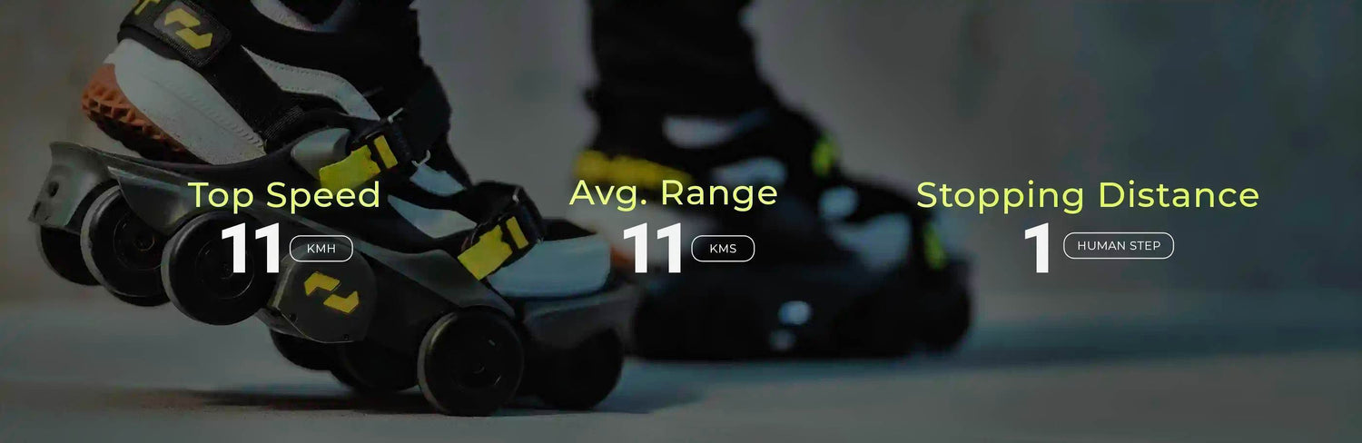 Close-up of electric skates with speed, range, stop stats.