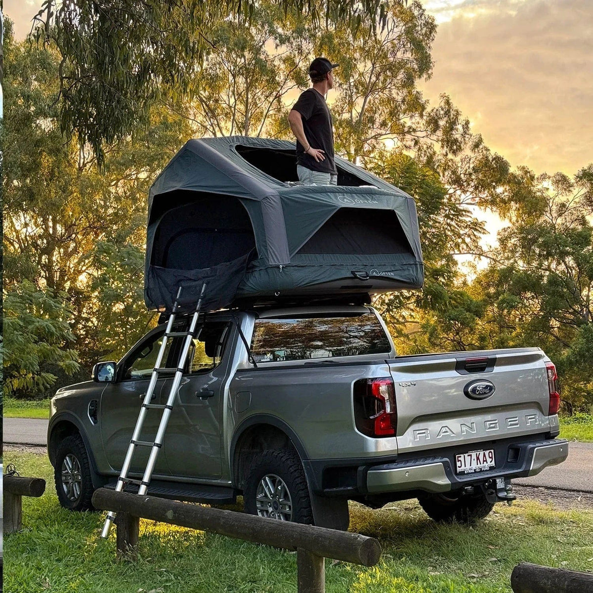 Often Alligator inflatable rooftop tent mounted on a vehicle