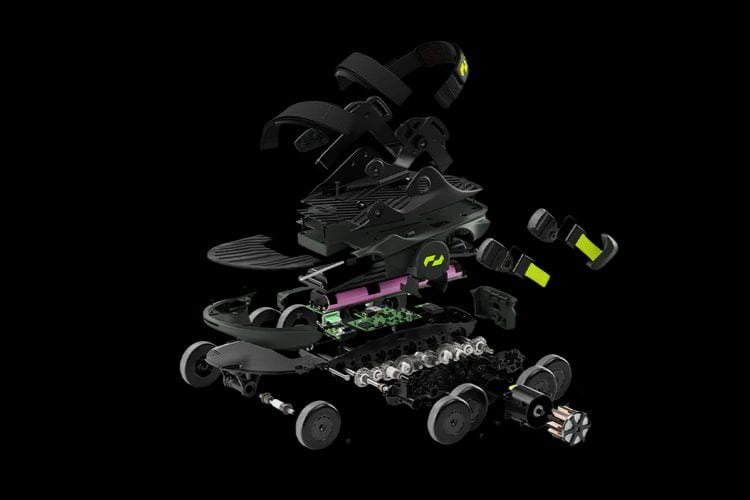 Exploded view of motorized shoe showing internal components and structure