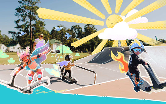 Children riding scooters with playful cartoon-style superhero edits.