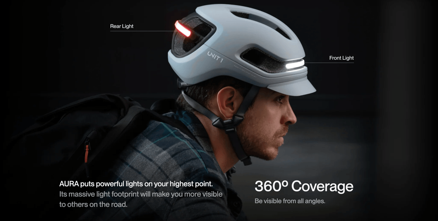 Cyclist wearing helmet with front and rear lights for 360° visibility